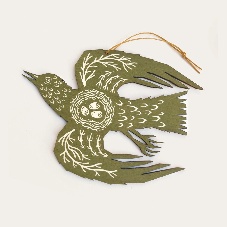 Screenprinted Wooden Decoration - Olive Green Bird
