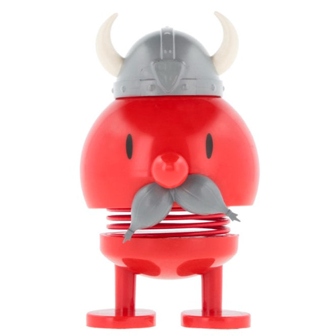 Red bobblehead figure with a gray mustache, wearing a Viking helmet.  The figure is spring-mounted.