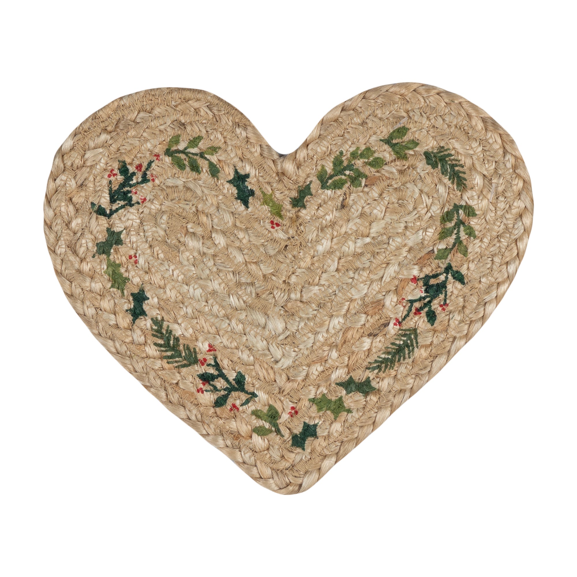Heart-shaped woven mat with holly design on a white background