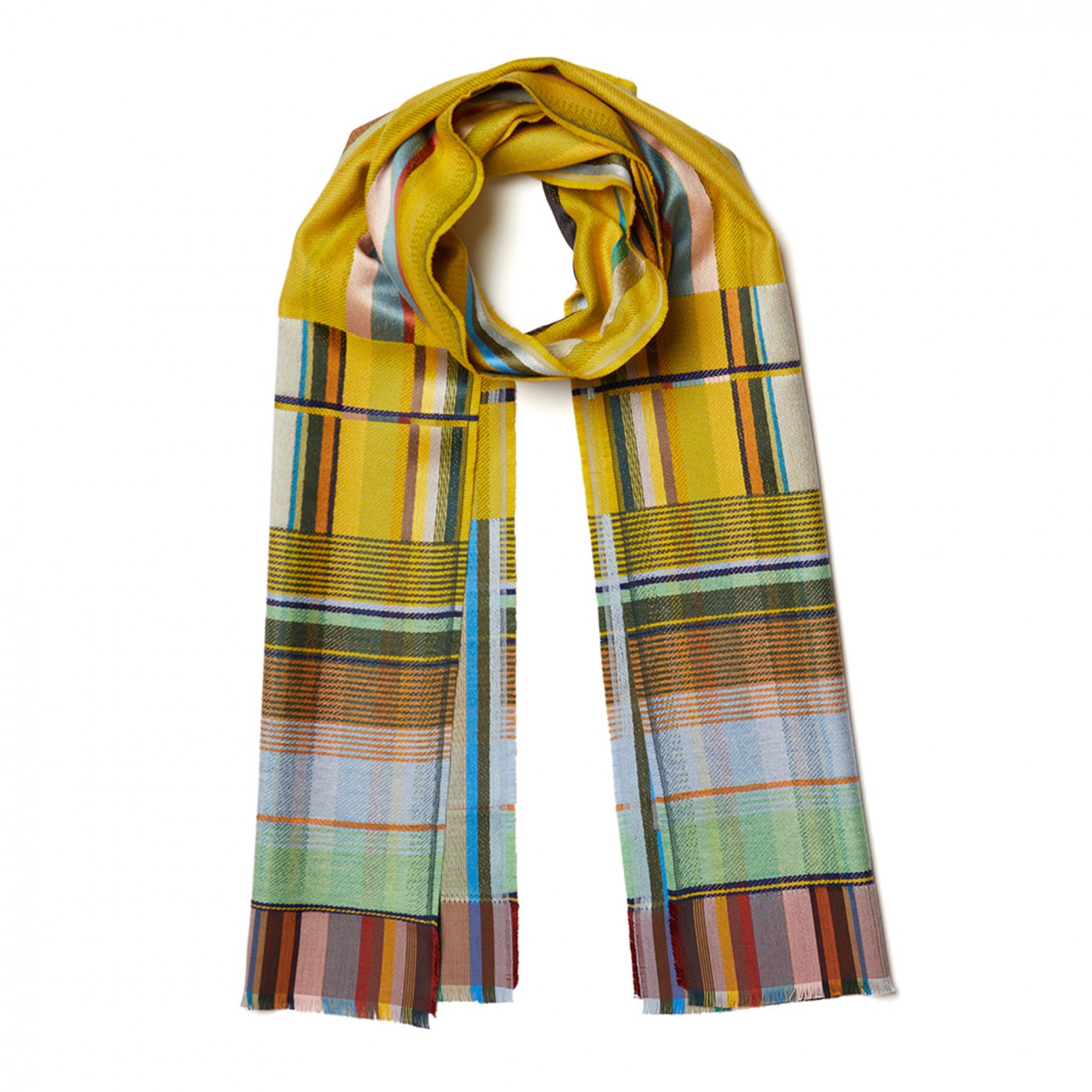 Mustard yellow plaid scarf with multicolored stripes, including blue, green, and orange.  Fringed edges.