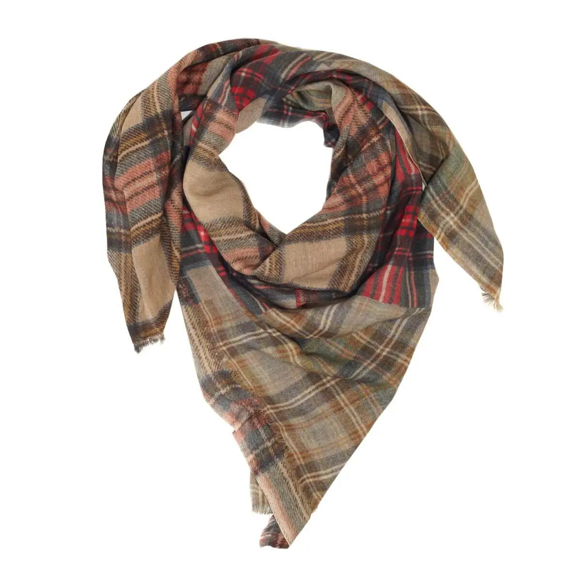 Plaid scarf with brown, red, and green colors on a white background