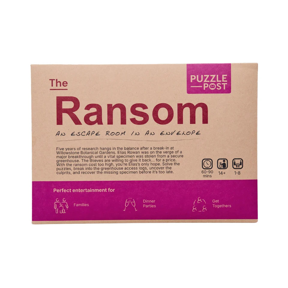 The Ransom: An Escape Room in an Envelope puzzle box by Puzzle Post, featuring a brown kraft paper design with dark red and magenta text and graphics.