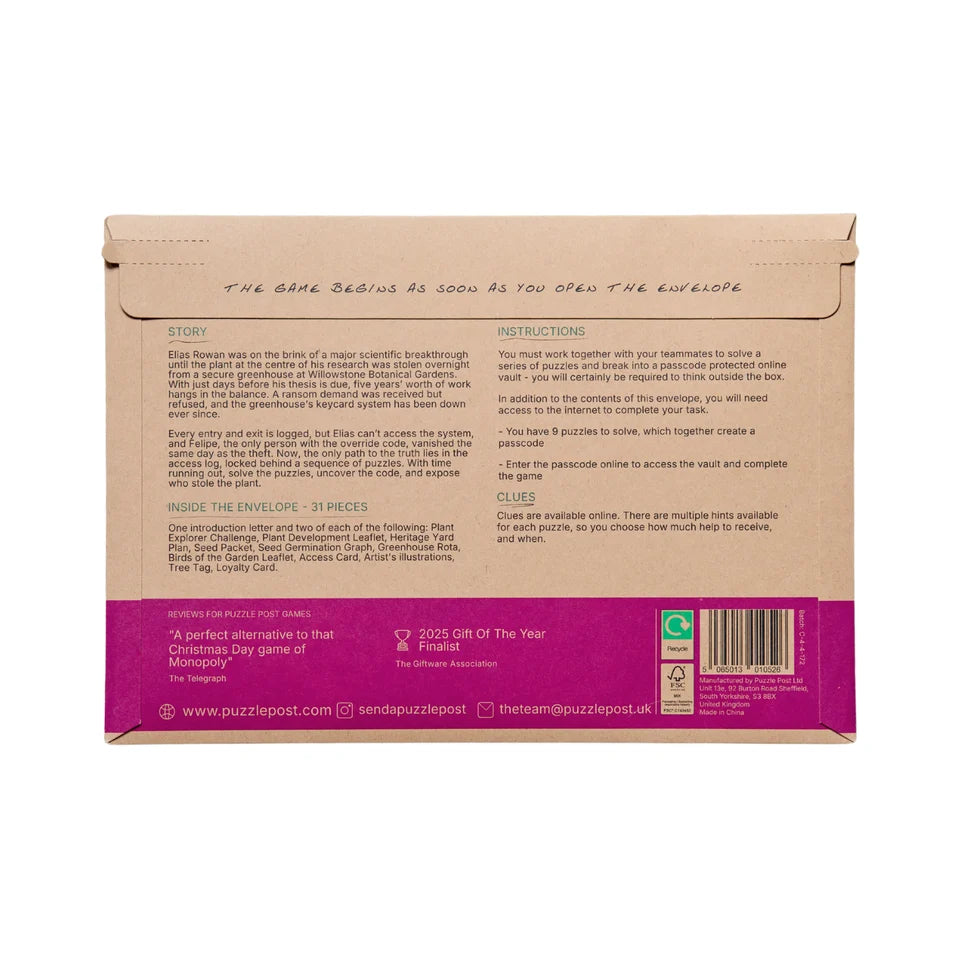 The back of a cardboard mailing envelope for the puzzle box 'The Gift That Devours' by Sandworm Puzzles, featuring product instructions, story, clues, and a barcode on a white background.