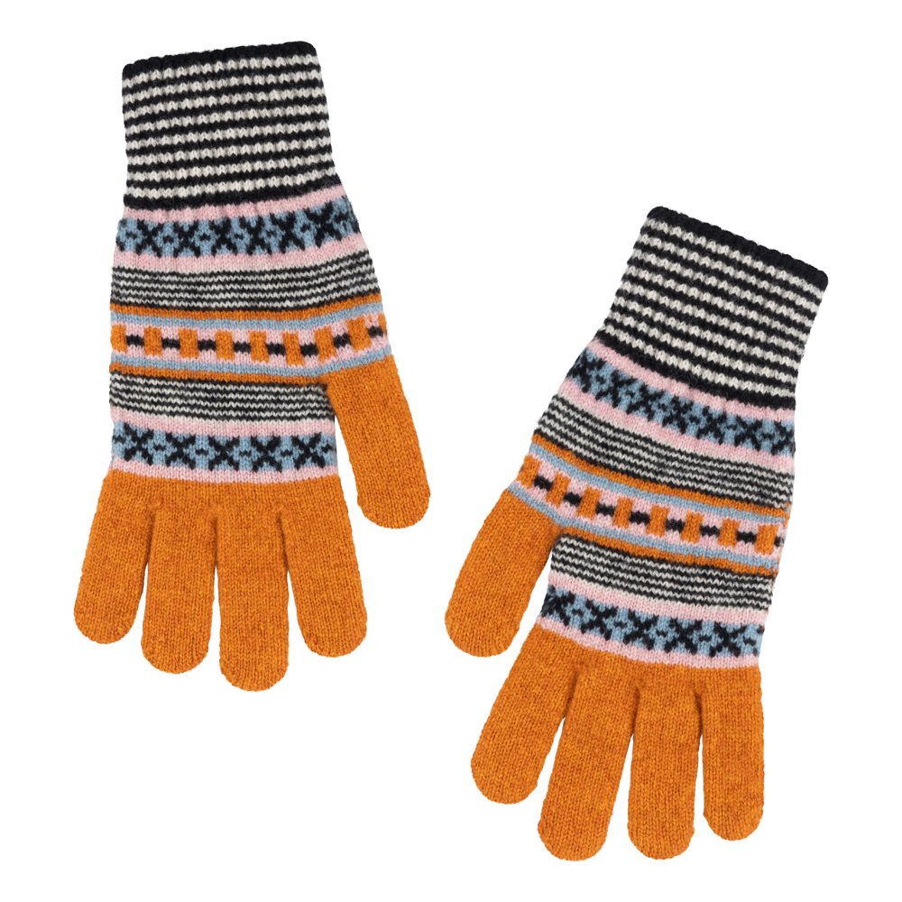 Pair of orange knit gloves with black, white, and light blue Fair Isle pattern cuffs.