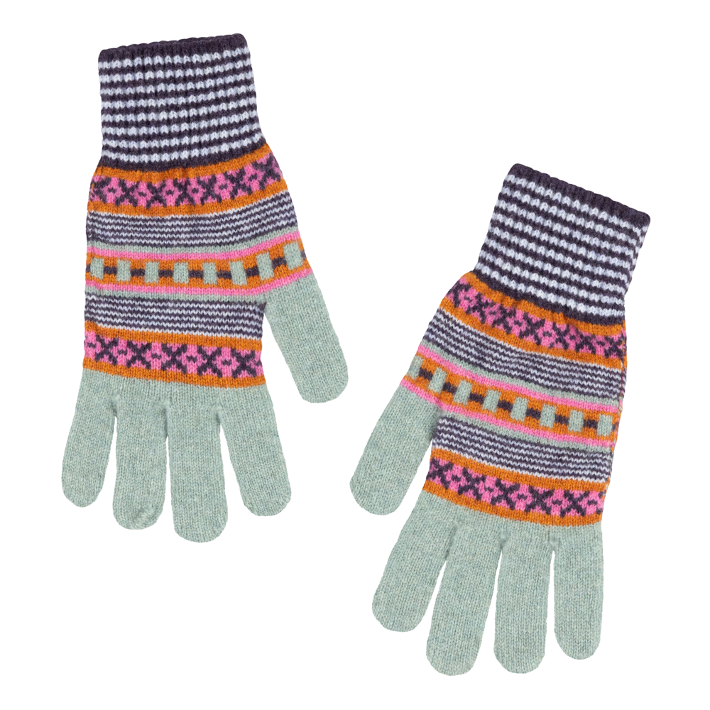 Pair of grey knitted gloves with multicolored striped and patterned cuffs.