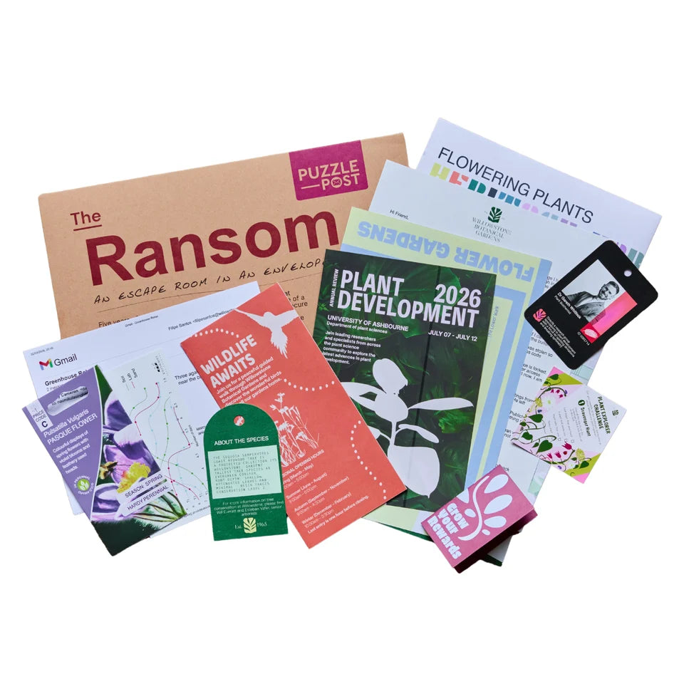 A flat lay of printed puzzle game components and reading materials on a white background, including a brown box labeled 'The Ransom' and several magazine-like inserts and cards.