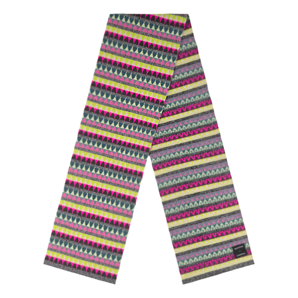 Woven scarf with a vibrant geometric pattern in pink, green, and gray.