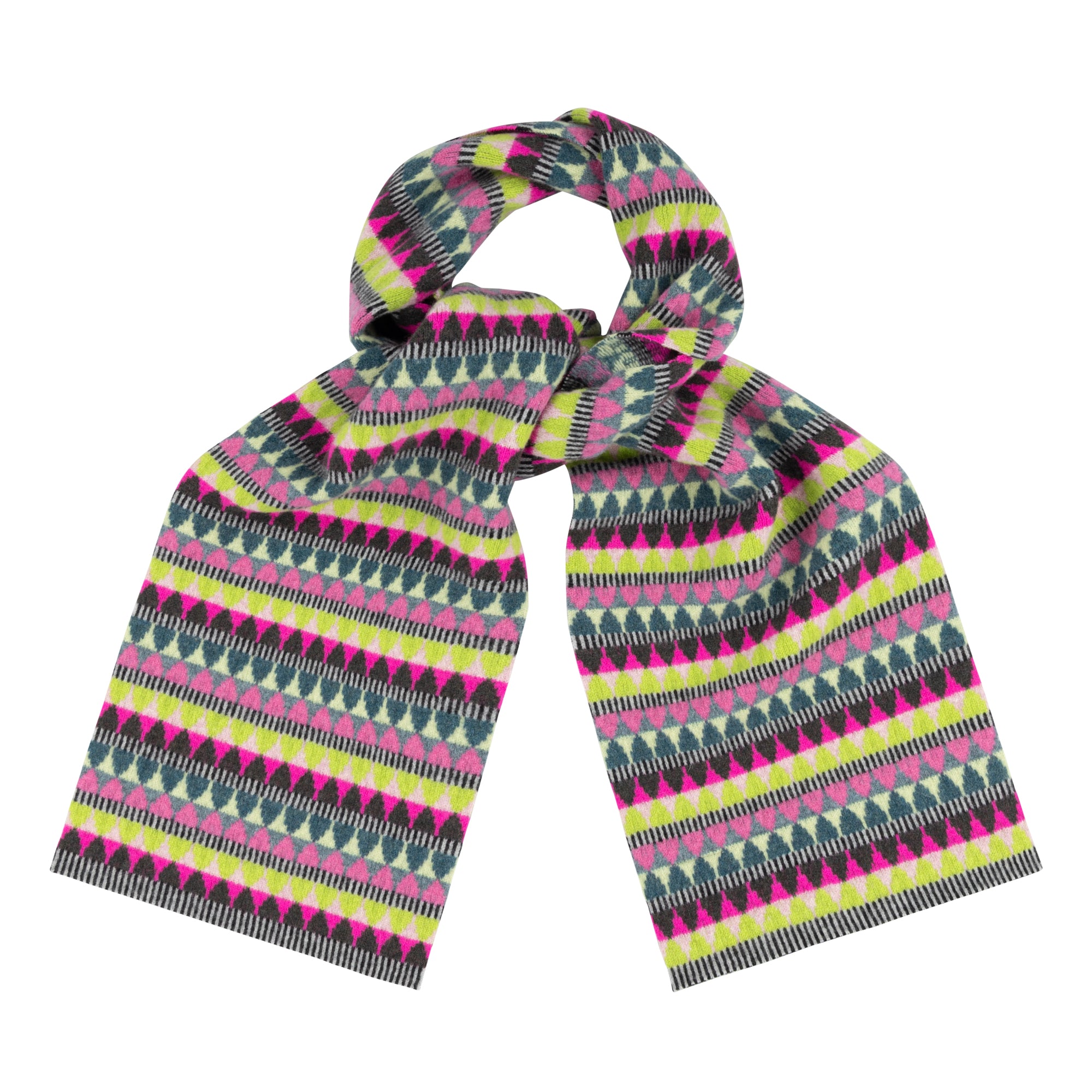 Knit wool scarf with a colorful geometric pattern in shades of pink, green, gray, and black.