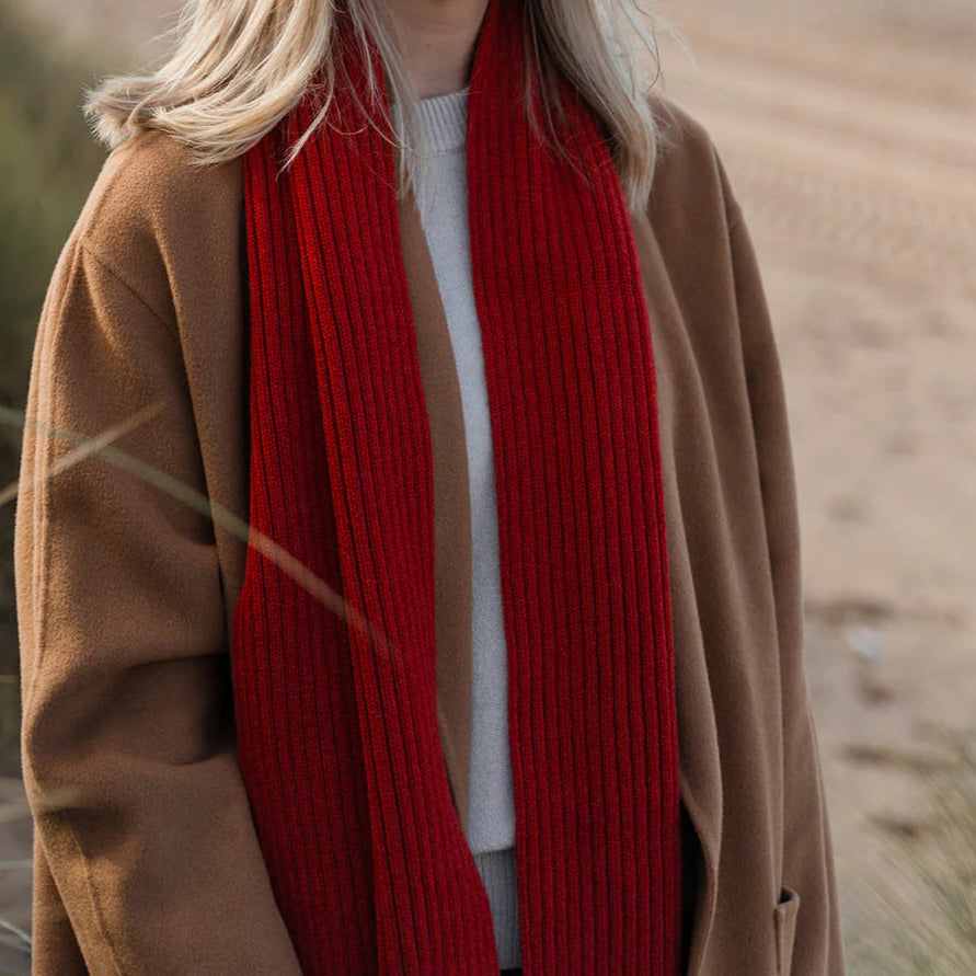 Person wearing a red beanie and scarf standing in a desert-like landscape