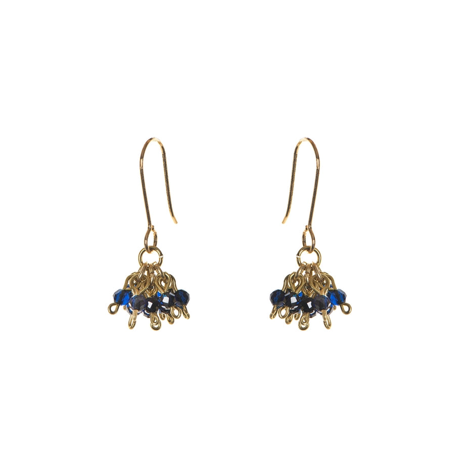Gold earrings with dangling clusters of dark blue beads.