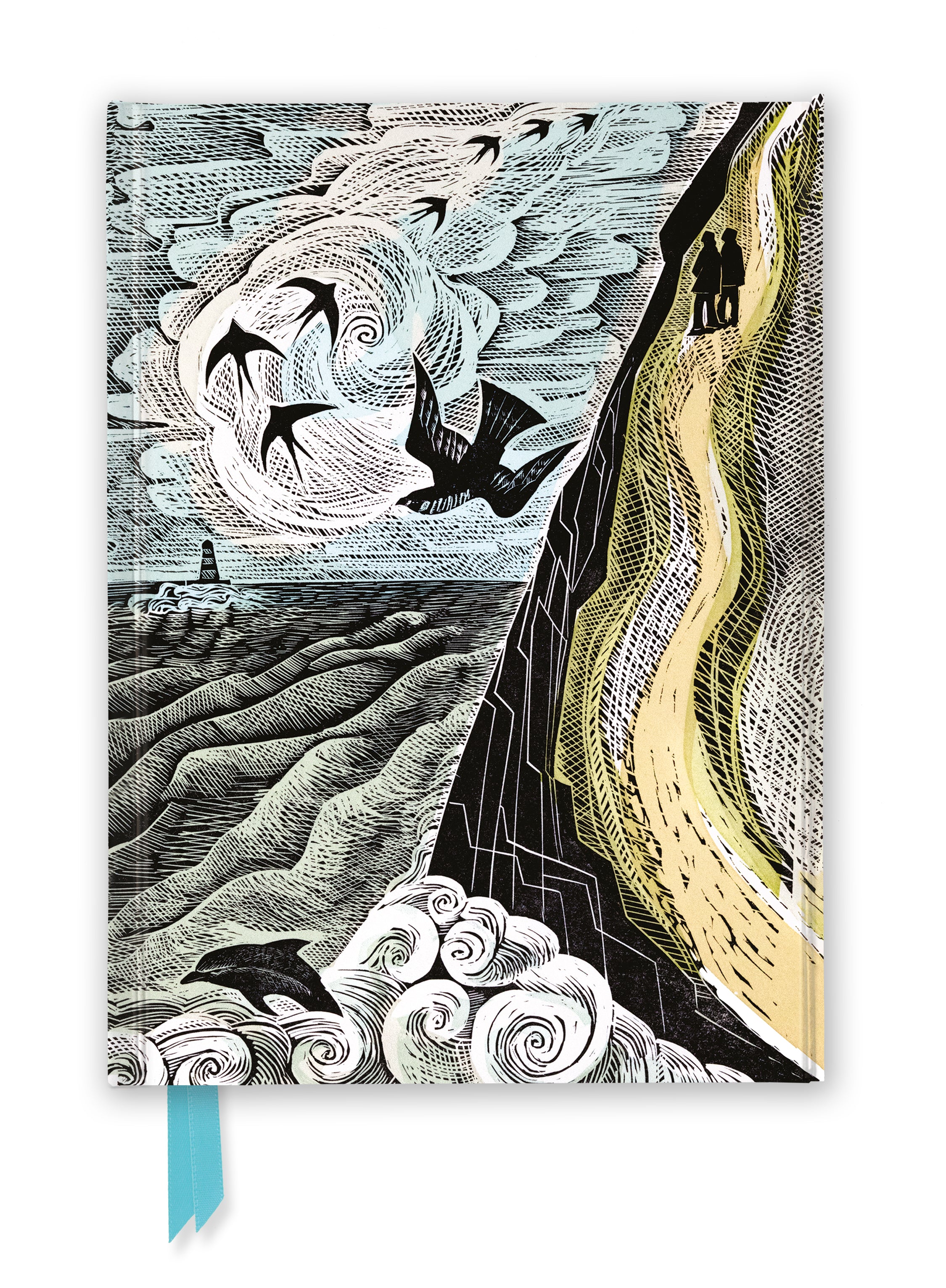 Linocut-style book cover depicting birds in flight over a seascape, a cliff with a path, and stylized clouds and waves.
