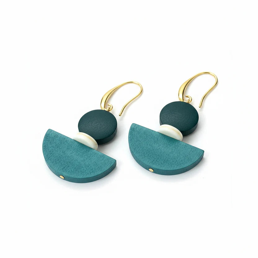 Pair of earrings with green semi-circular and round elements on a white background
