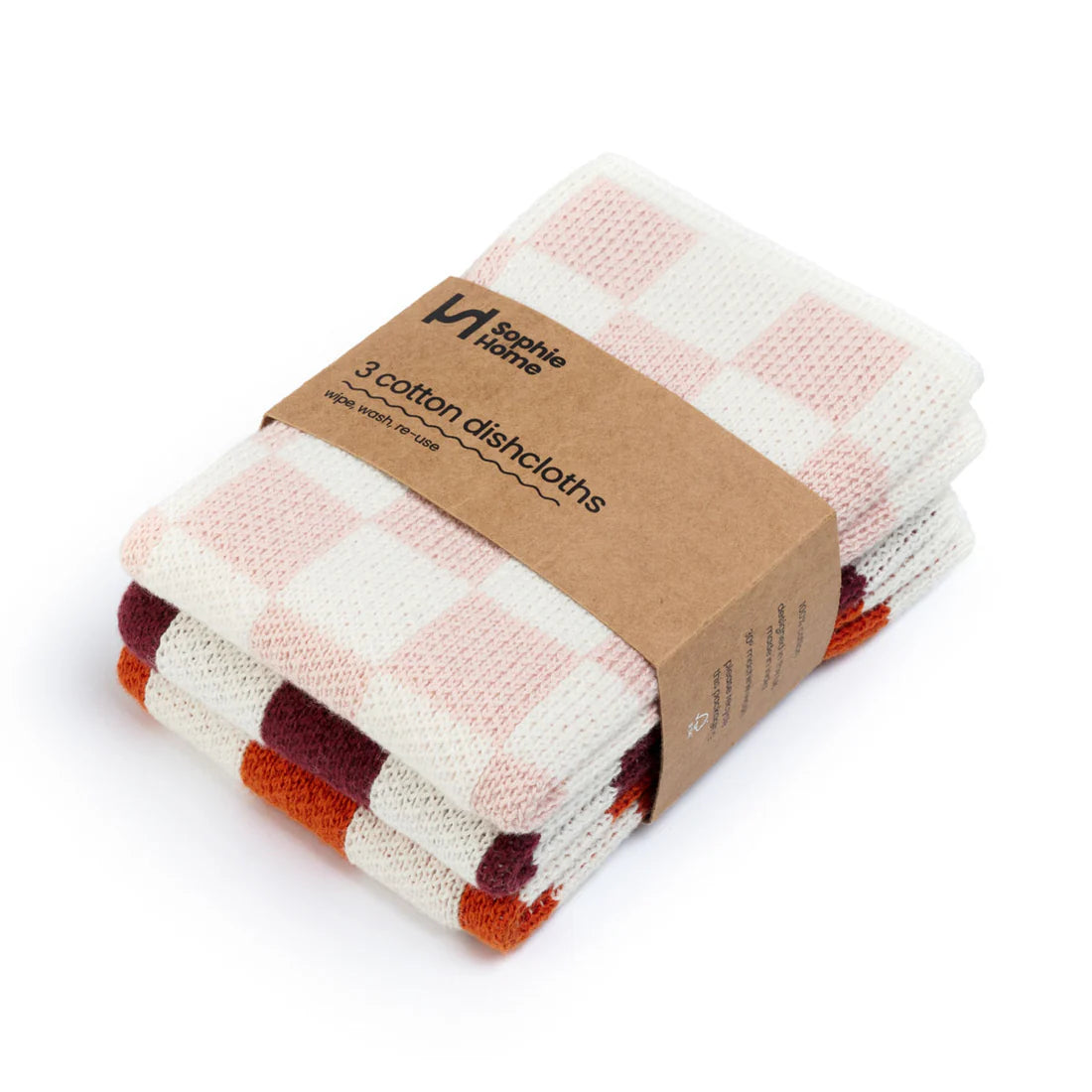 Pack of checkered dishcloths with a brown paper bag label on a white background