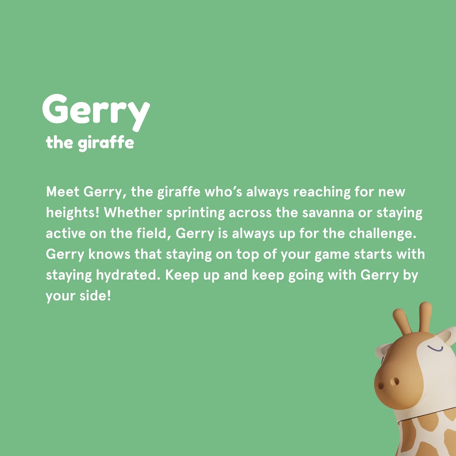 Giraffe toy with text on a green background