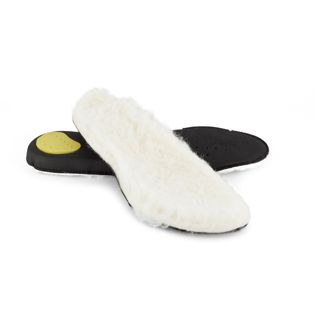 Pair of sheepskin insoles with black, perforated support layer.