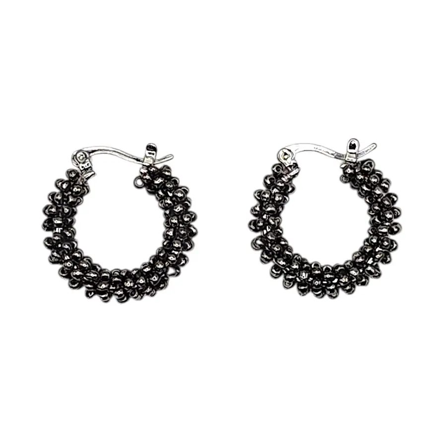 Beaded Mini Hoop Earrings - Hematite Grey