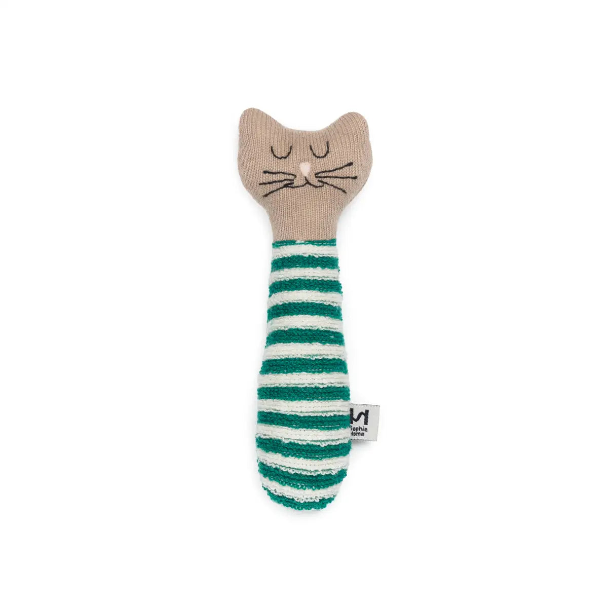 Cat-shaped rattle with striped body on a white background