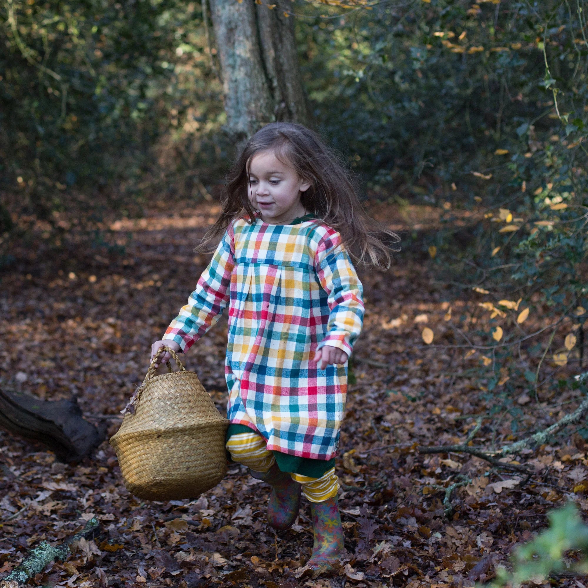 A young girl in a multicolored plaid dress carries a woven basket through a leaf-covered forest.