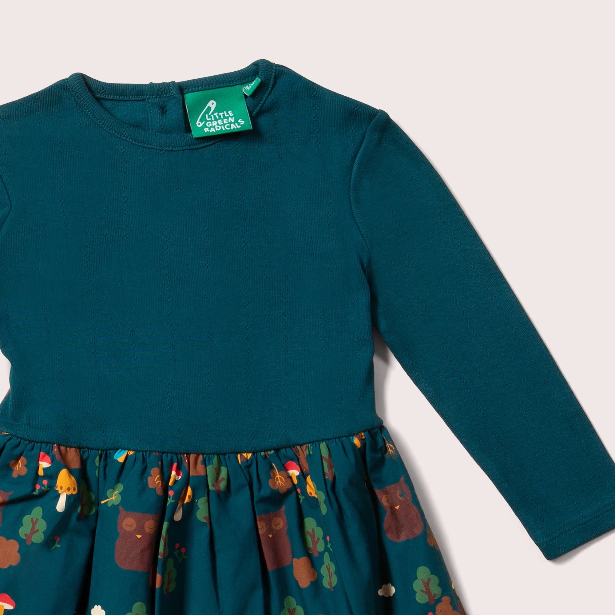 Teal long-sleeved girls' dress with a textured bodice and a whimsical woodland creature print skirt featuring owls and