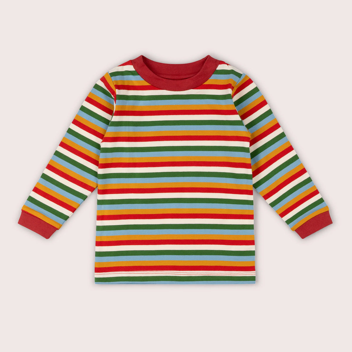 A long-sleeve striped shirt with horizontal bands of red, green, yellow, light blue, and cream, featuring a solid red crew neck and cuffs, shown flat against a light beige background.