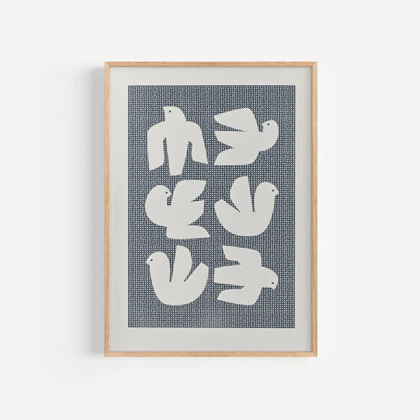 Framed print featuring a repeating pattern of stylized white birds on a dark blue dotted background.