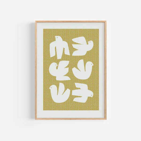 Framed print featuring six stylized white birds on a mustard yellow textured background.