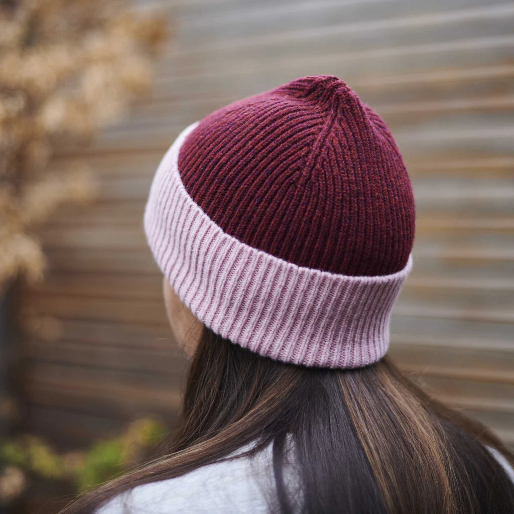 Ribbed Beanie Hat - Bordeaux & Dusky Pink