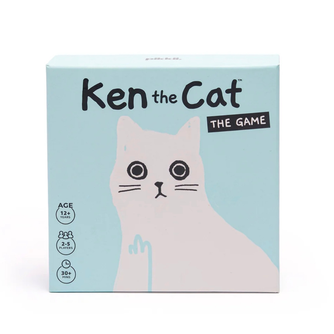 Ken the Cat: The Game board game box featuring a light blue background with a stylized white cat illustration and black text.