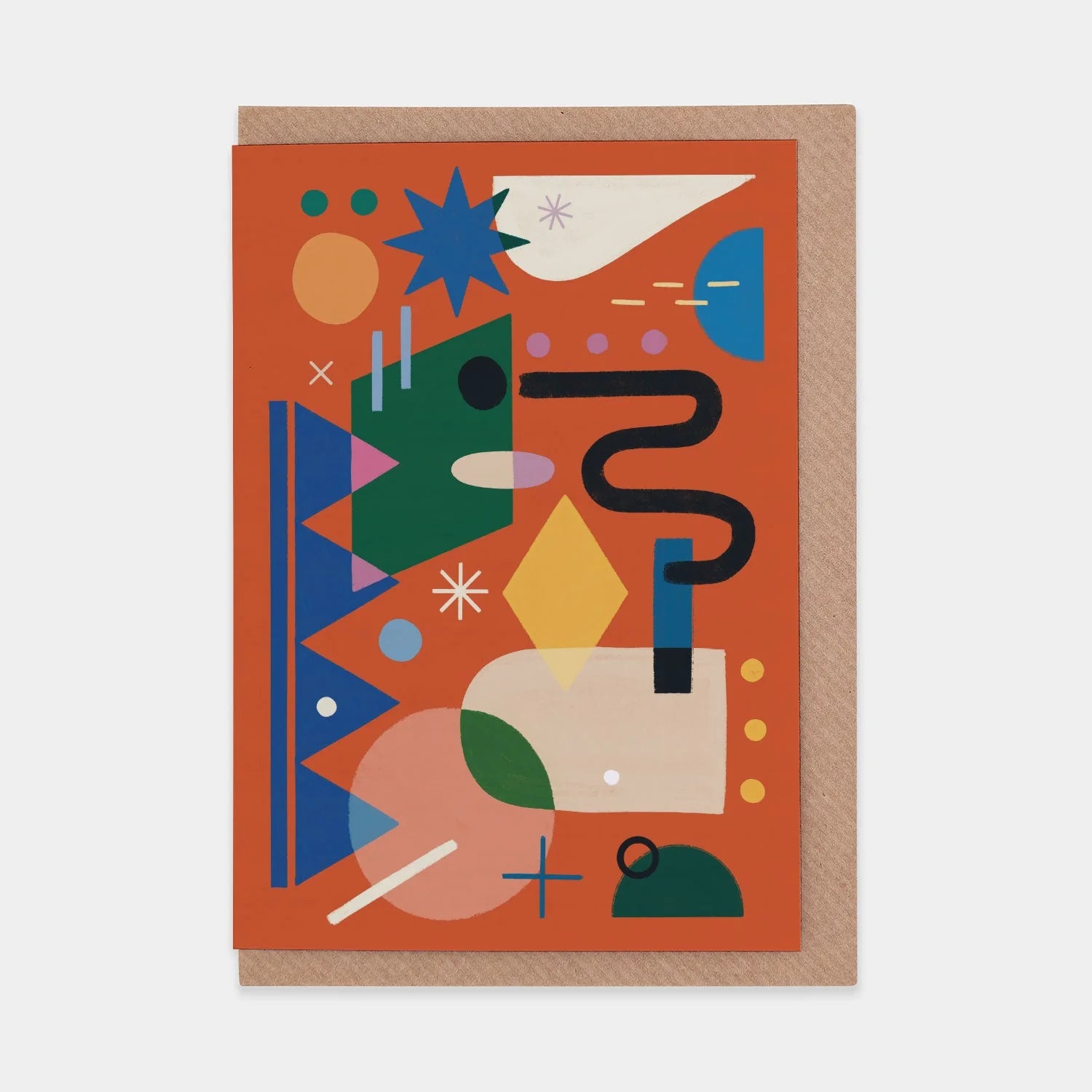 Abstract greeting card featuring a vibrant orange background with multicolored geometric shapes and patterns.