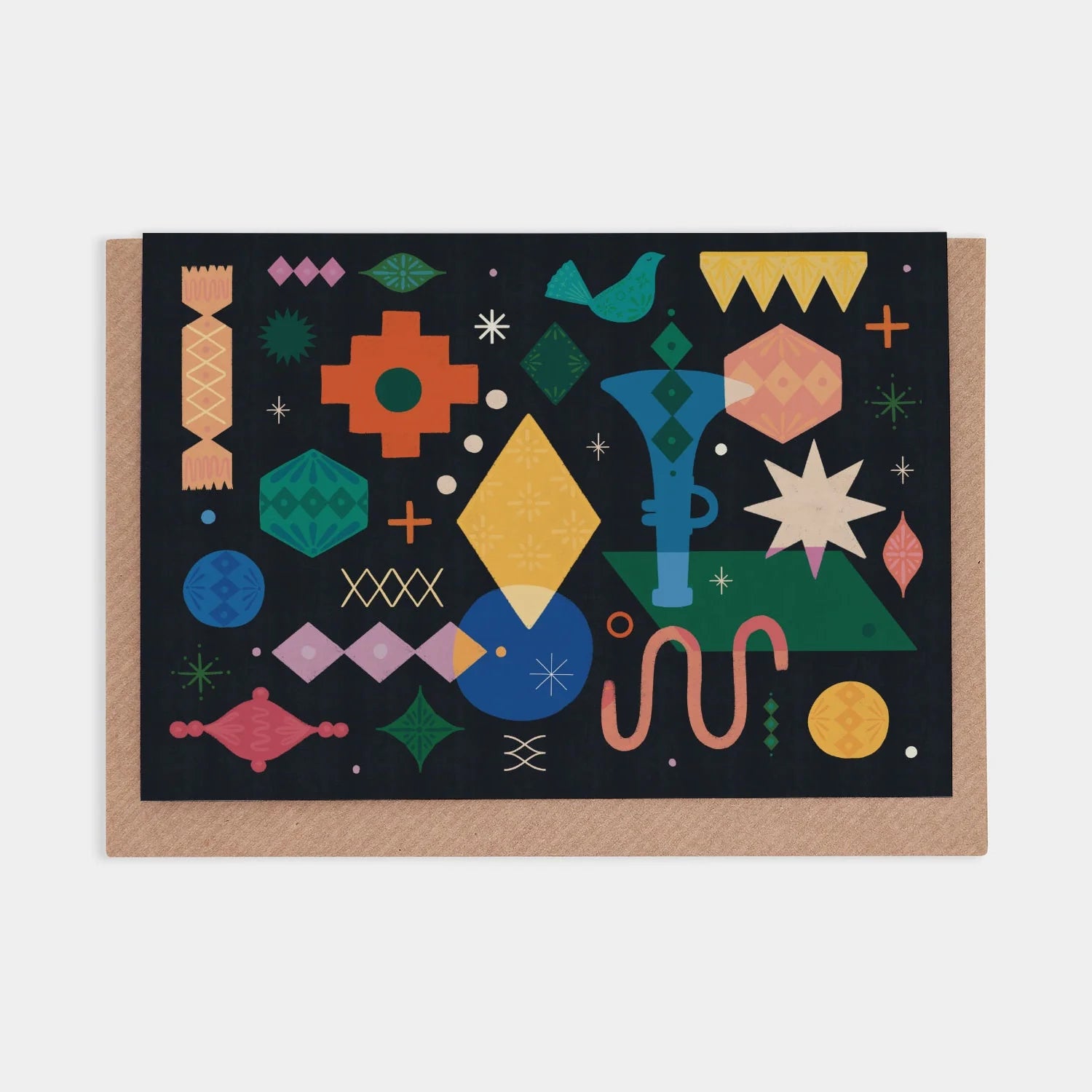 Christmas card featuring a dark background with colorful abstract shapes, geometric patterns, and festive symbols.