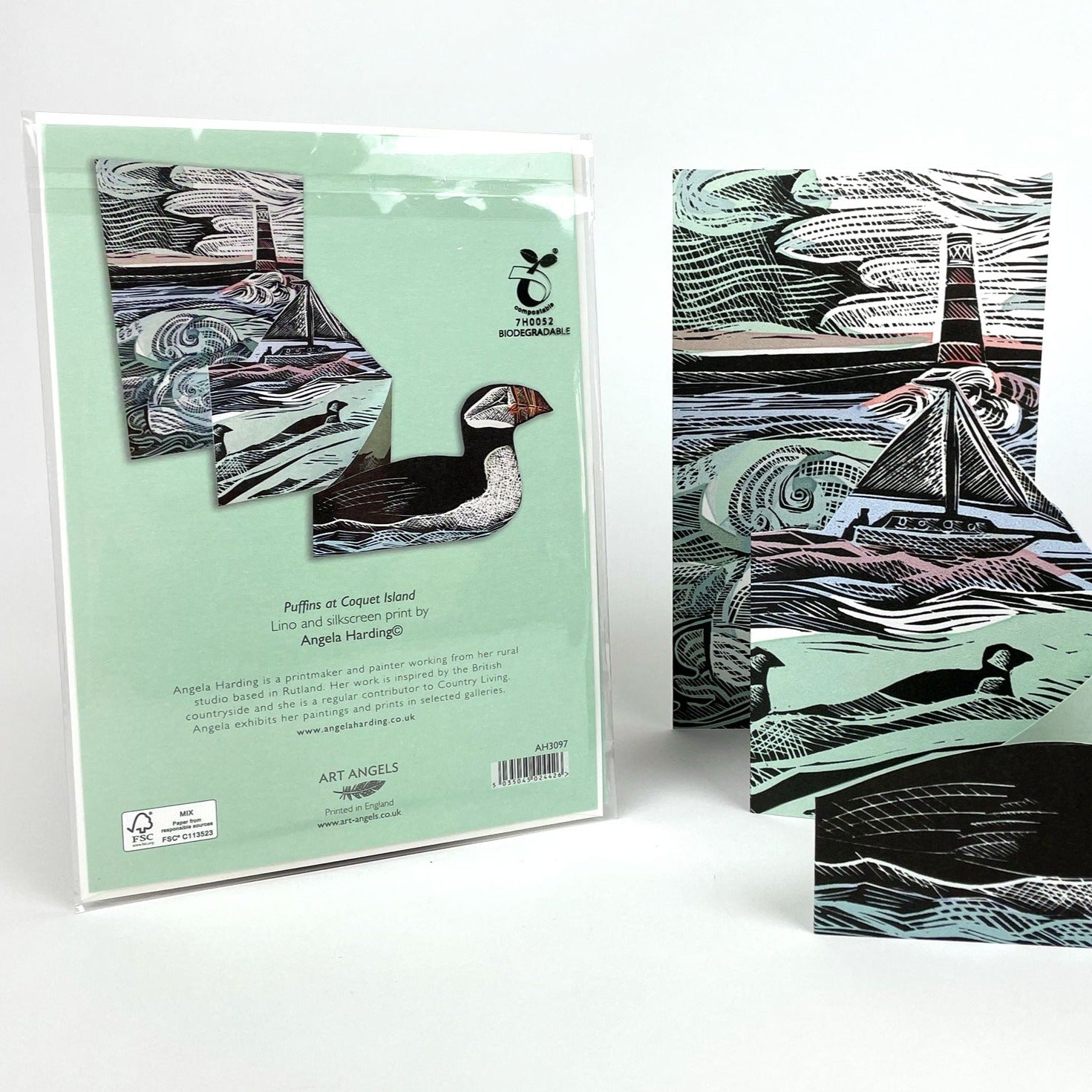 Biodegradable pop-up card featuring a linocut and silkscreen print of puffins at Coquet Island by Angela Harding.