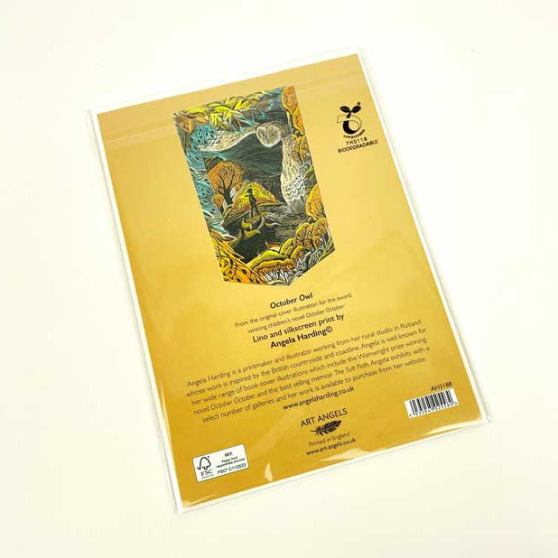 Card with a colorful design and text on a yellow background