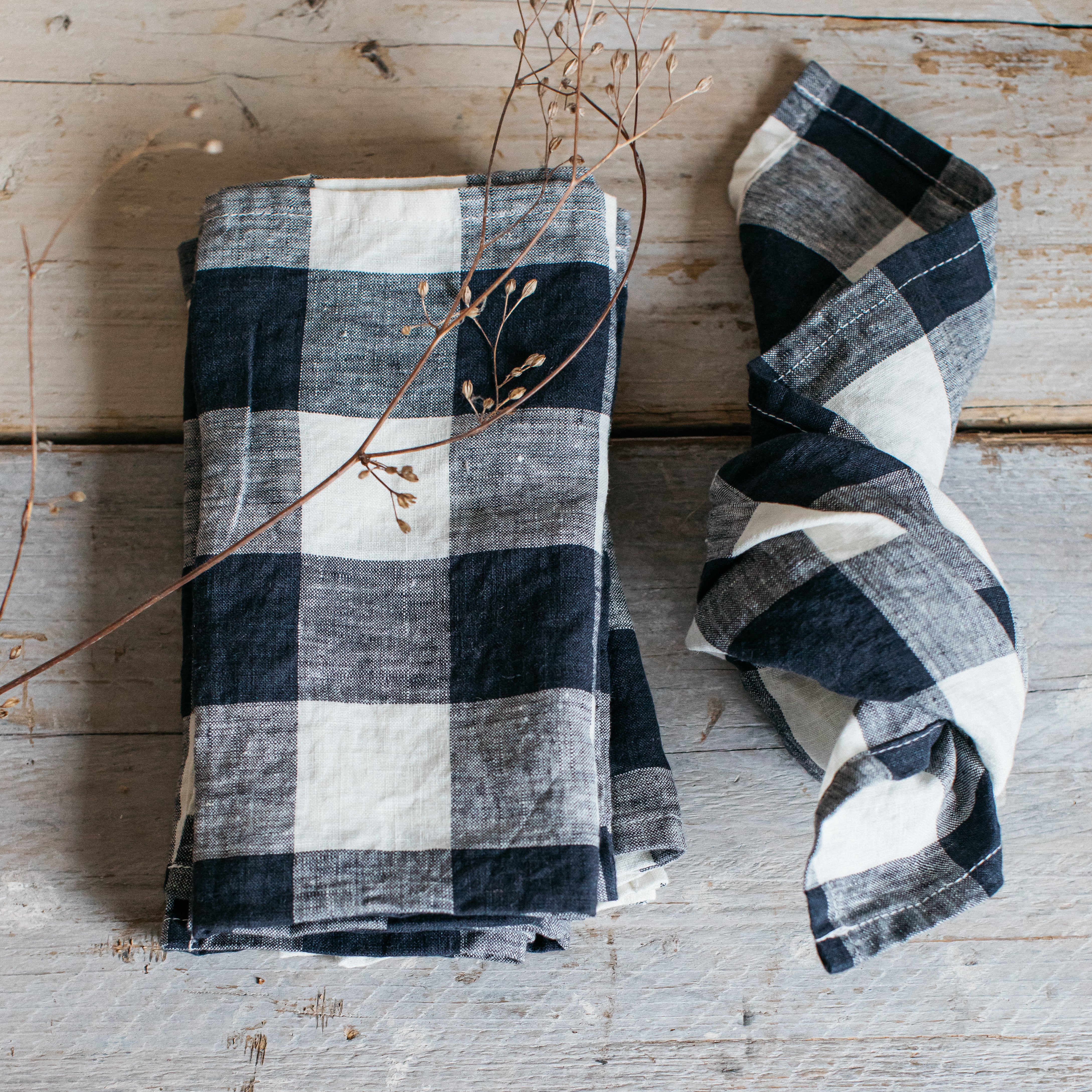 Two black and white checkered linen napkins; one folded, one loosely tied.
