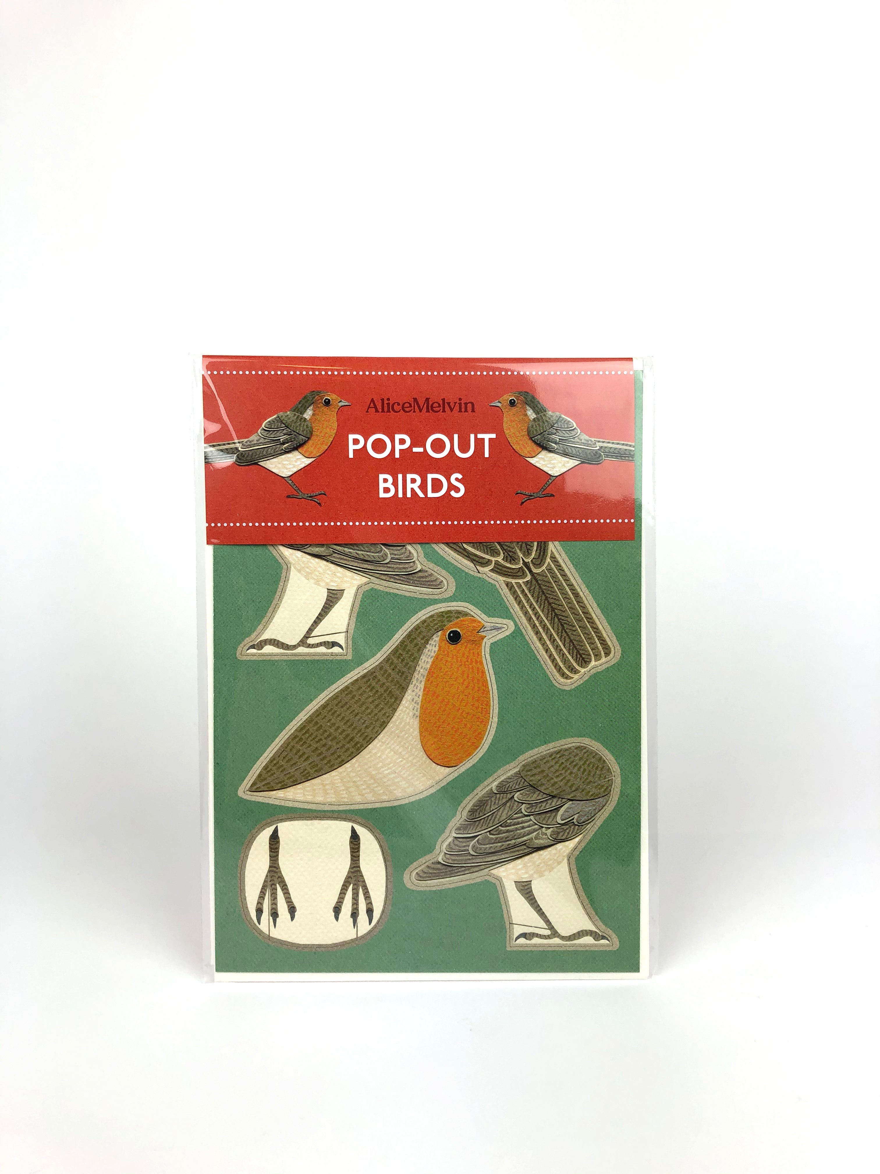 Alice Melvin pop-out bird card featuring illustrated robins and other birds on a green background.