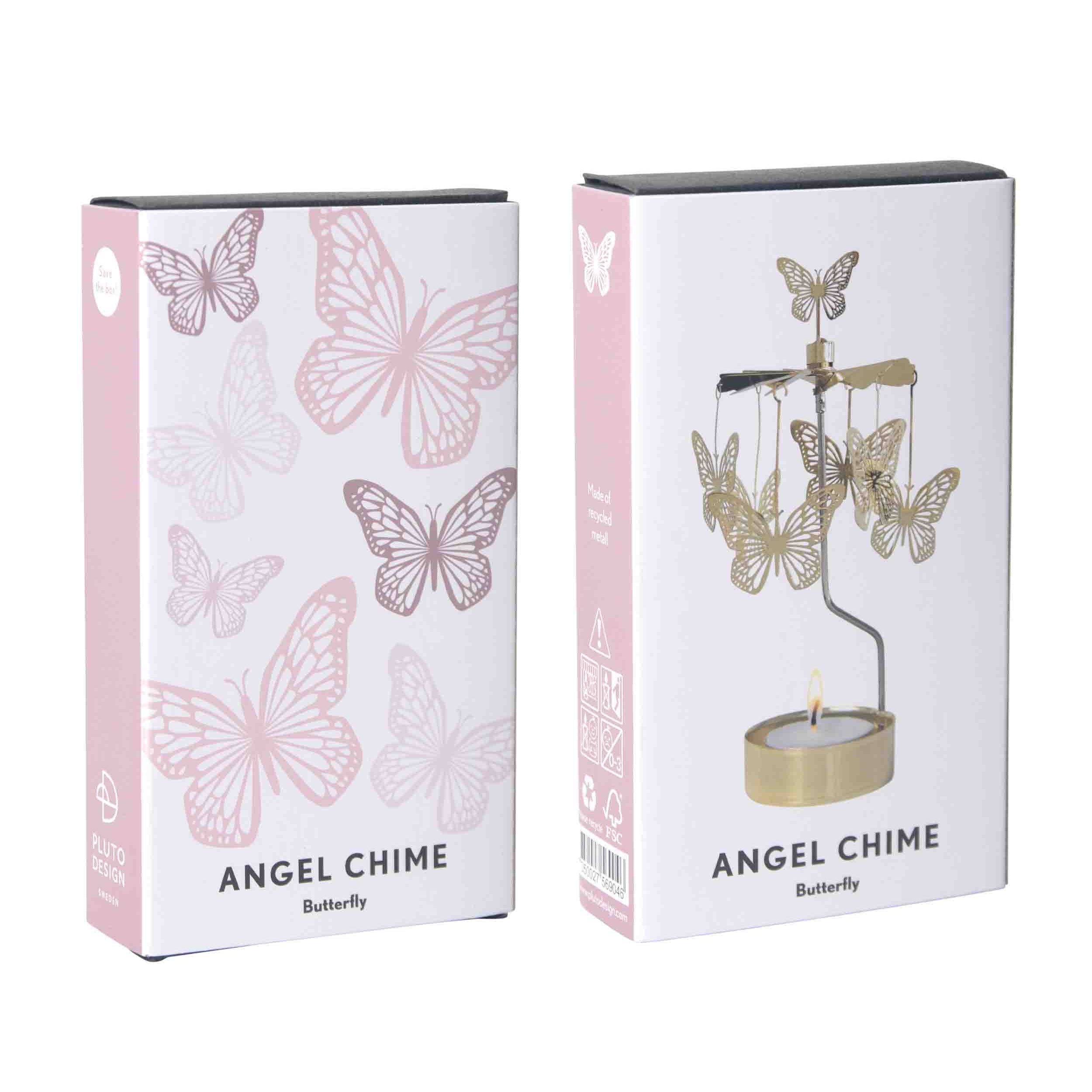 Two packaging boxes for an angel chime with butterfly design on a white background