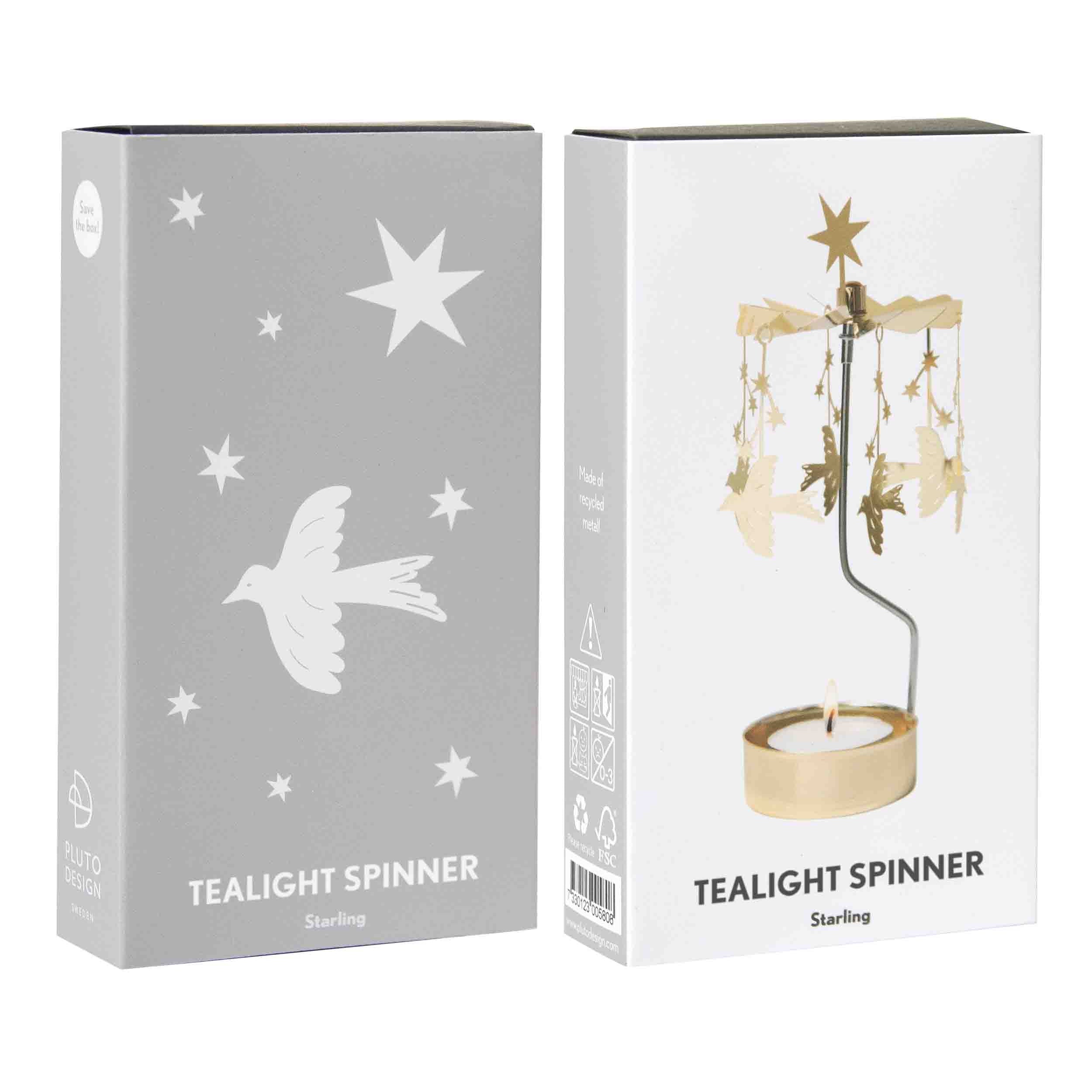 Two boxes for a tealight spinner with star and dove designs on a white background