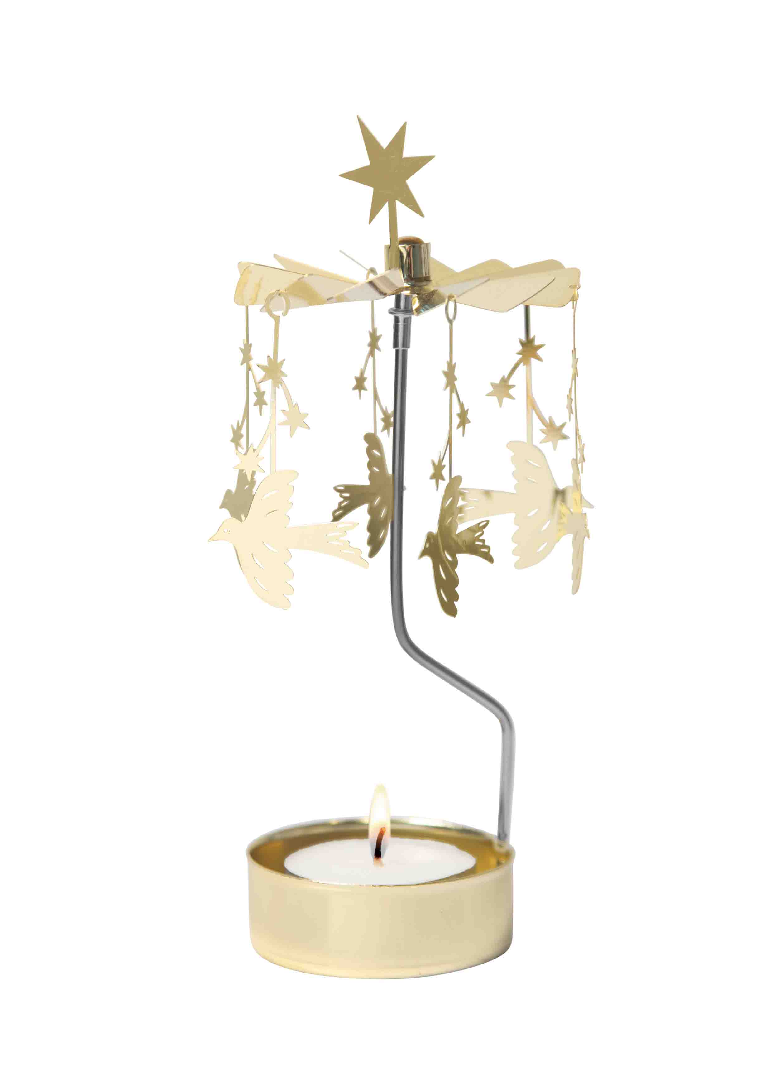 A gold and cream star and angel mobile candle holder on a white background, featuring a lit tea light candle in a gold holder.