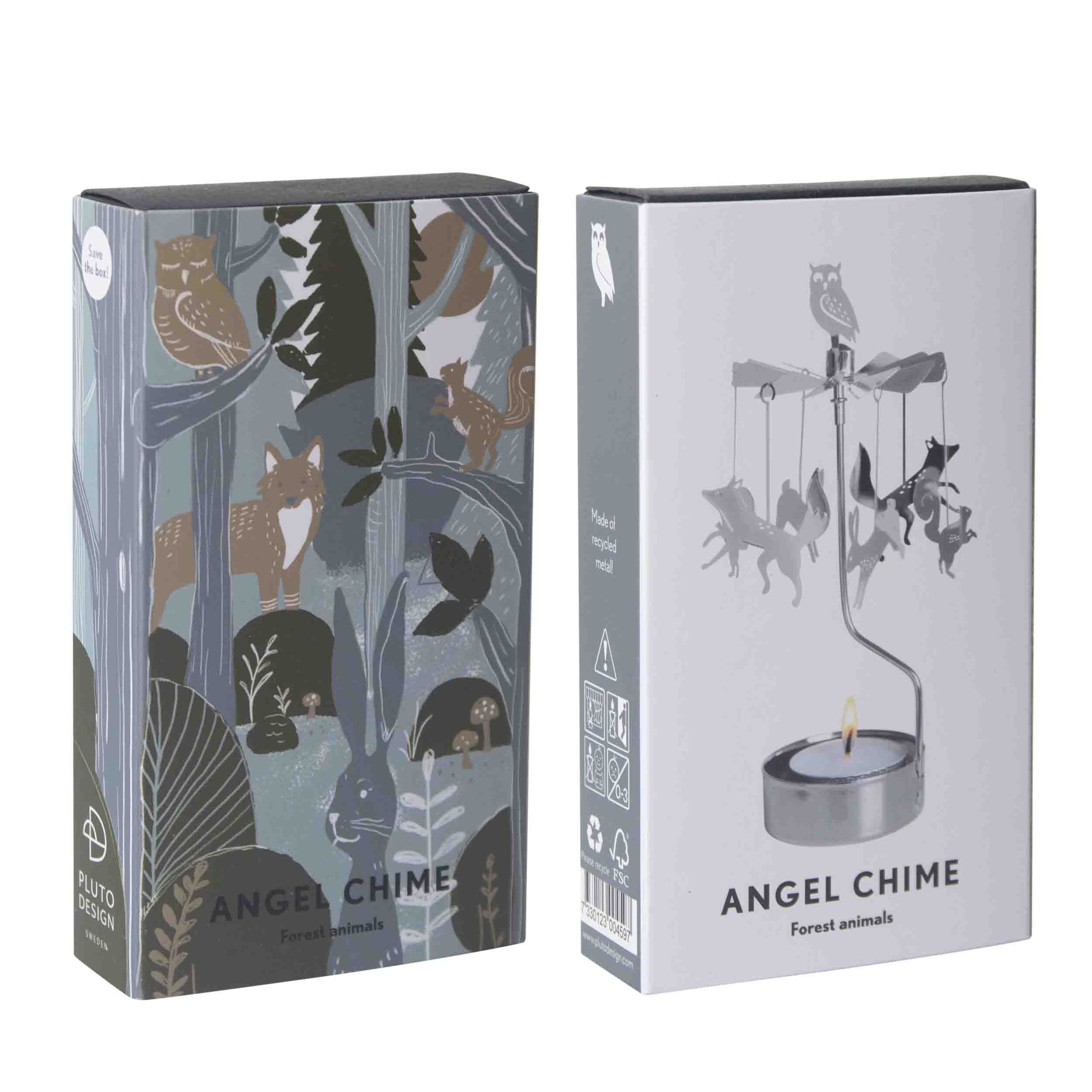 Two packaging boxes for an angel chime with nature-themed designs on a white background.