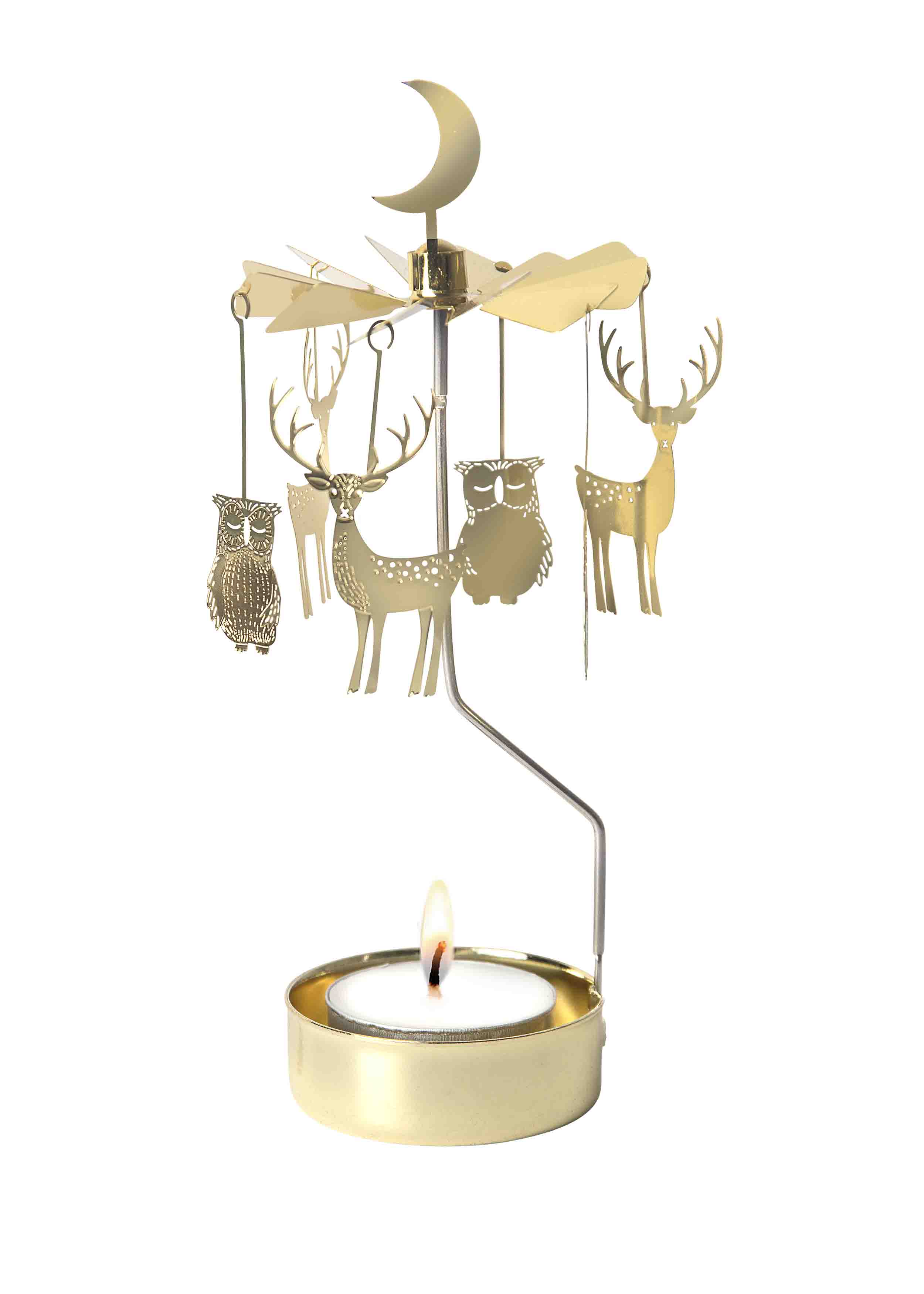 A gold-toned metal tea light candle holder featuring a crescent moon and windmill design with hanging deer, owl, and cat cutouts, shown with a lit tealight candle on a white background.