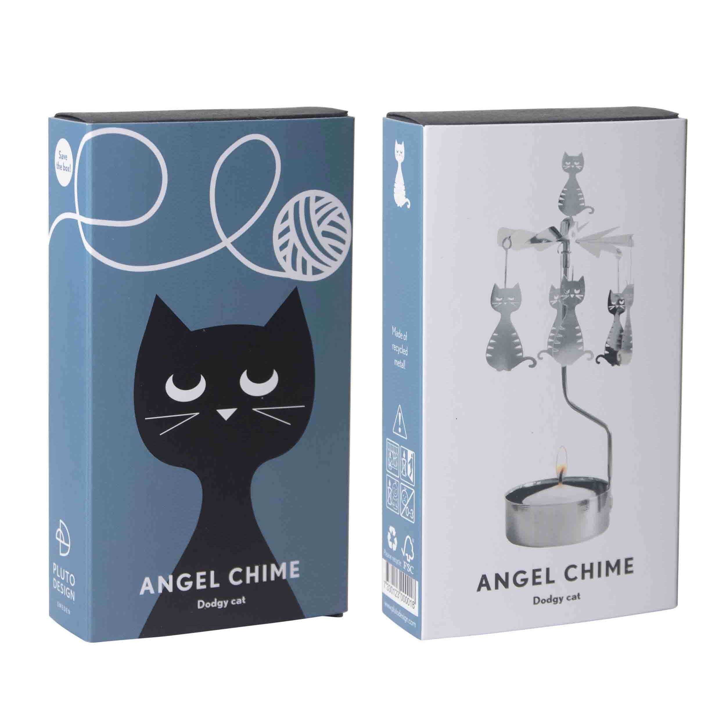 Two packaging boxes for 'Angel Chime' product with cat illustrations on a white background