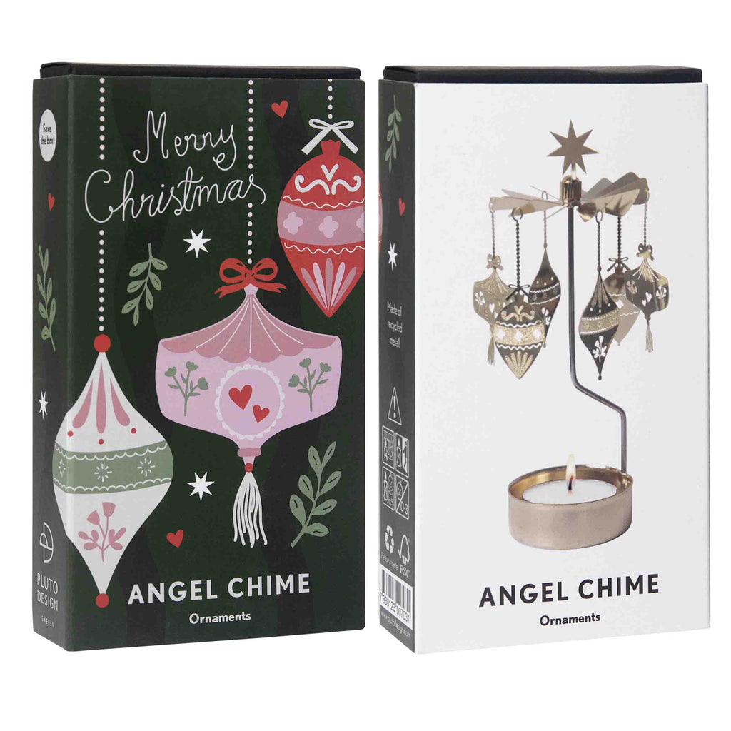 Two packaging boxes for angel chimes with Christmas-themed designs on a white background.