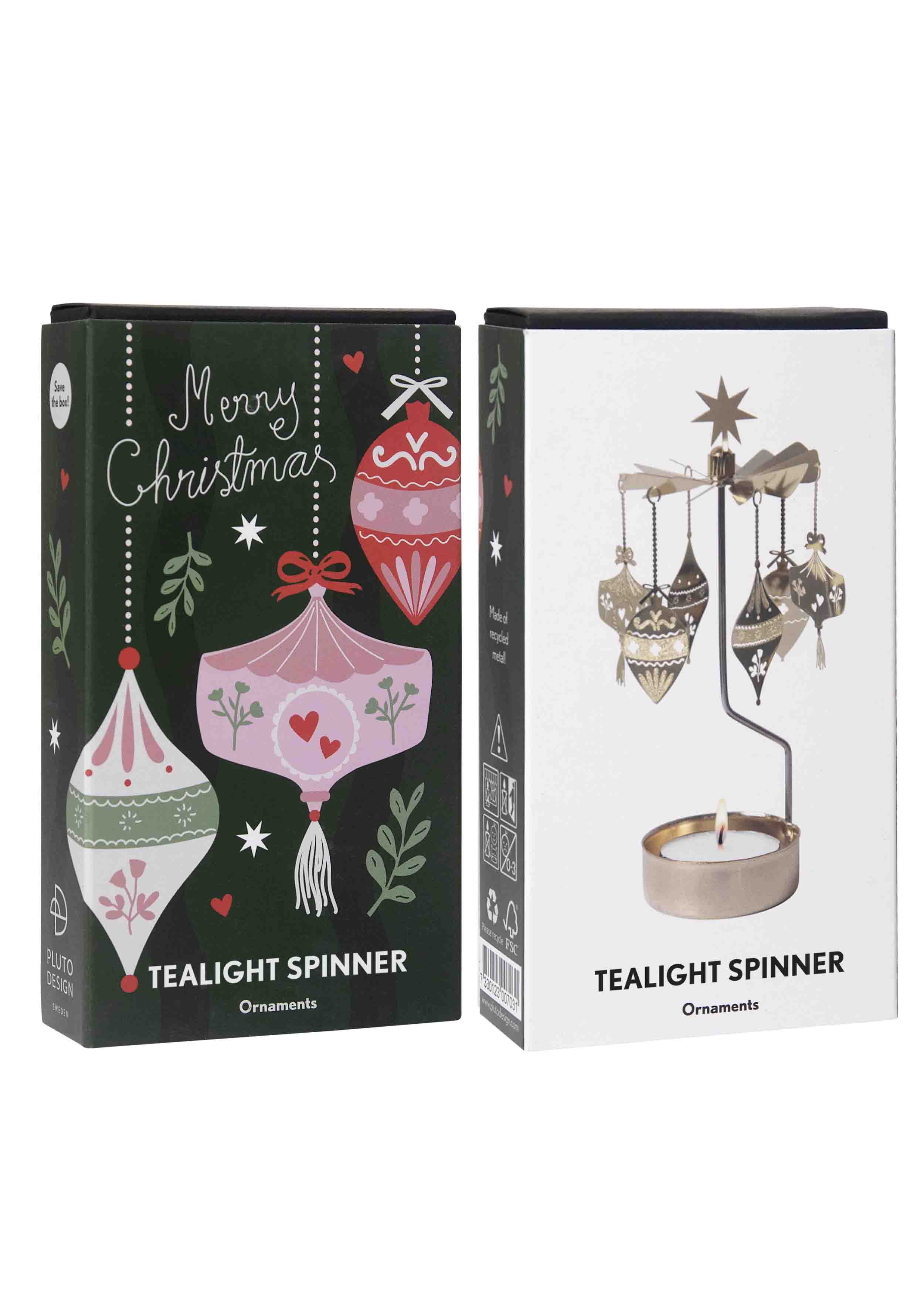 Tealight spinner packaging with Christmas-themed design on a white background