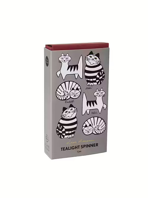 Tealight spinner packaging with cat illustrations on a gray background