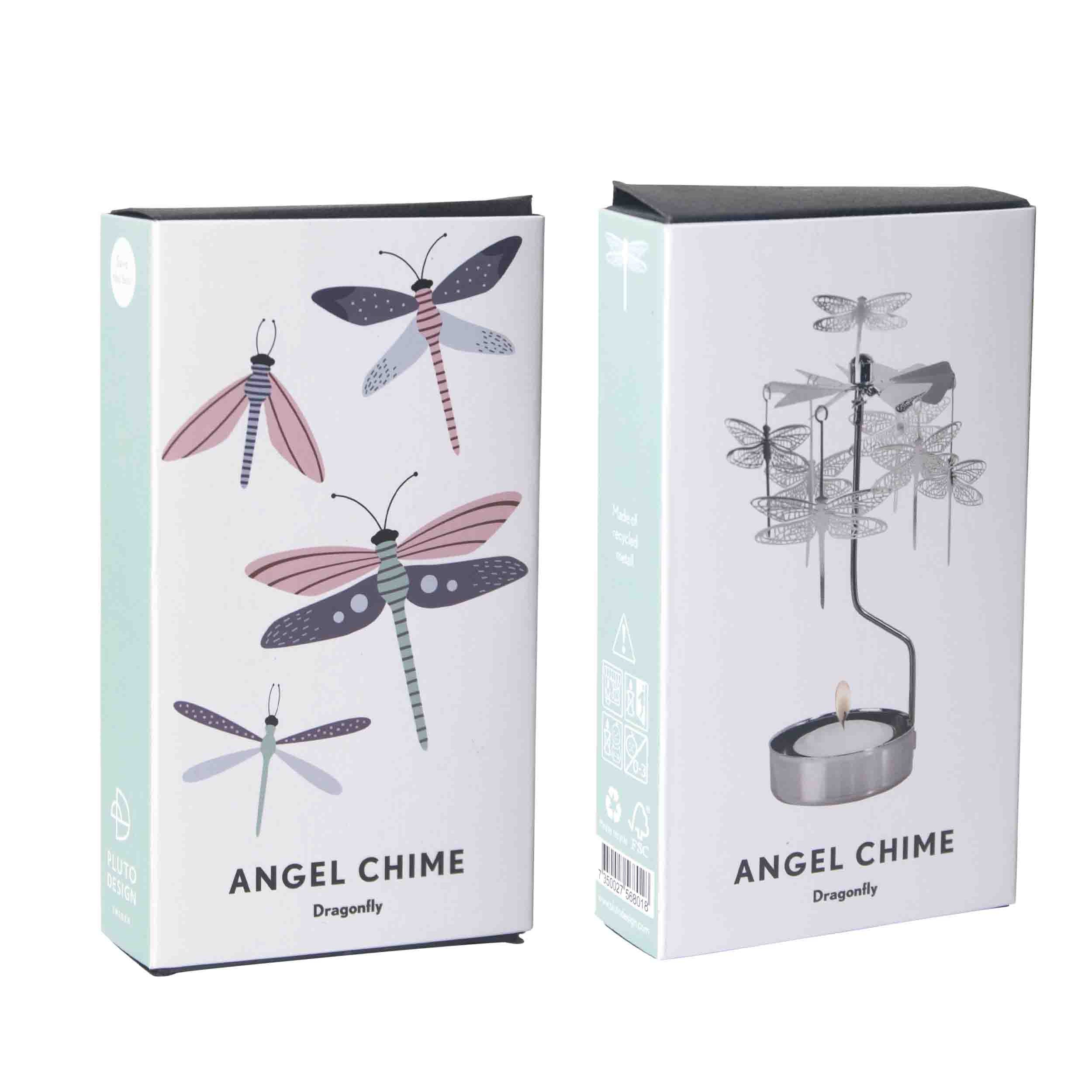 Two packaging boxes for angel chimes with dragonfly designs on a white background