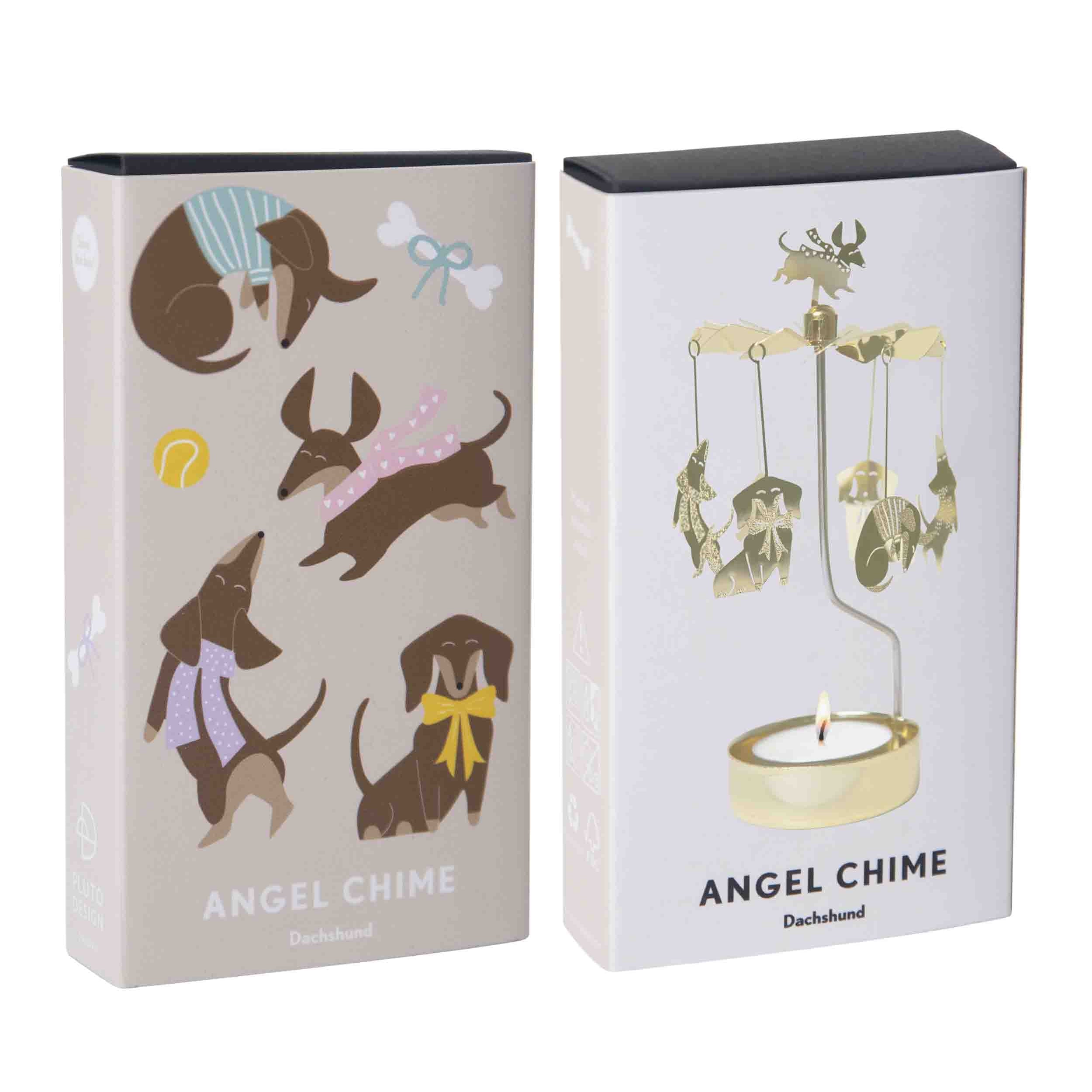 Two packaging boxes for Angel Chime products with illustrations of dogs and a chime.