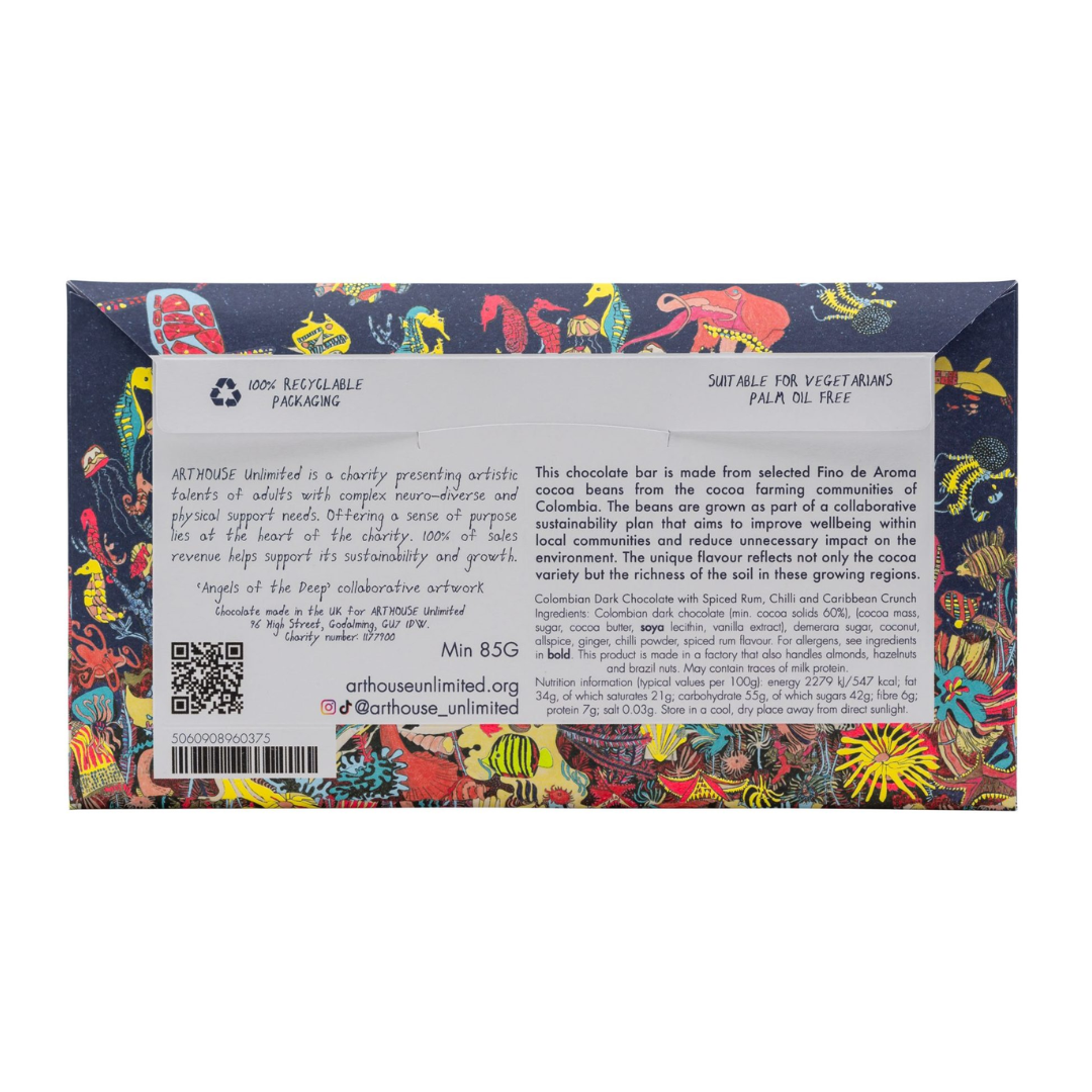 Colombian dark chocolate bar with spiced rum, chili, and Caribbean crunch. Min 85g. 100% recyclable packaging.