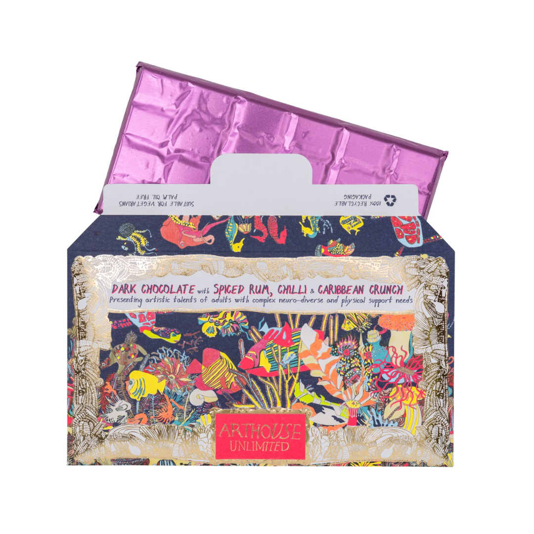 Dark chocolate bar with spiced rum, chili, and Caribbean crunch.