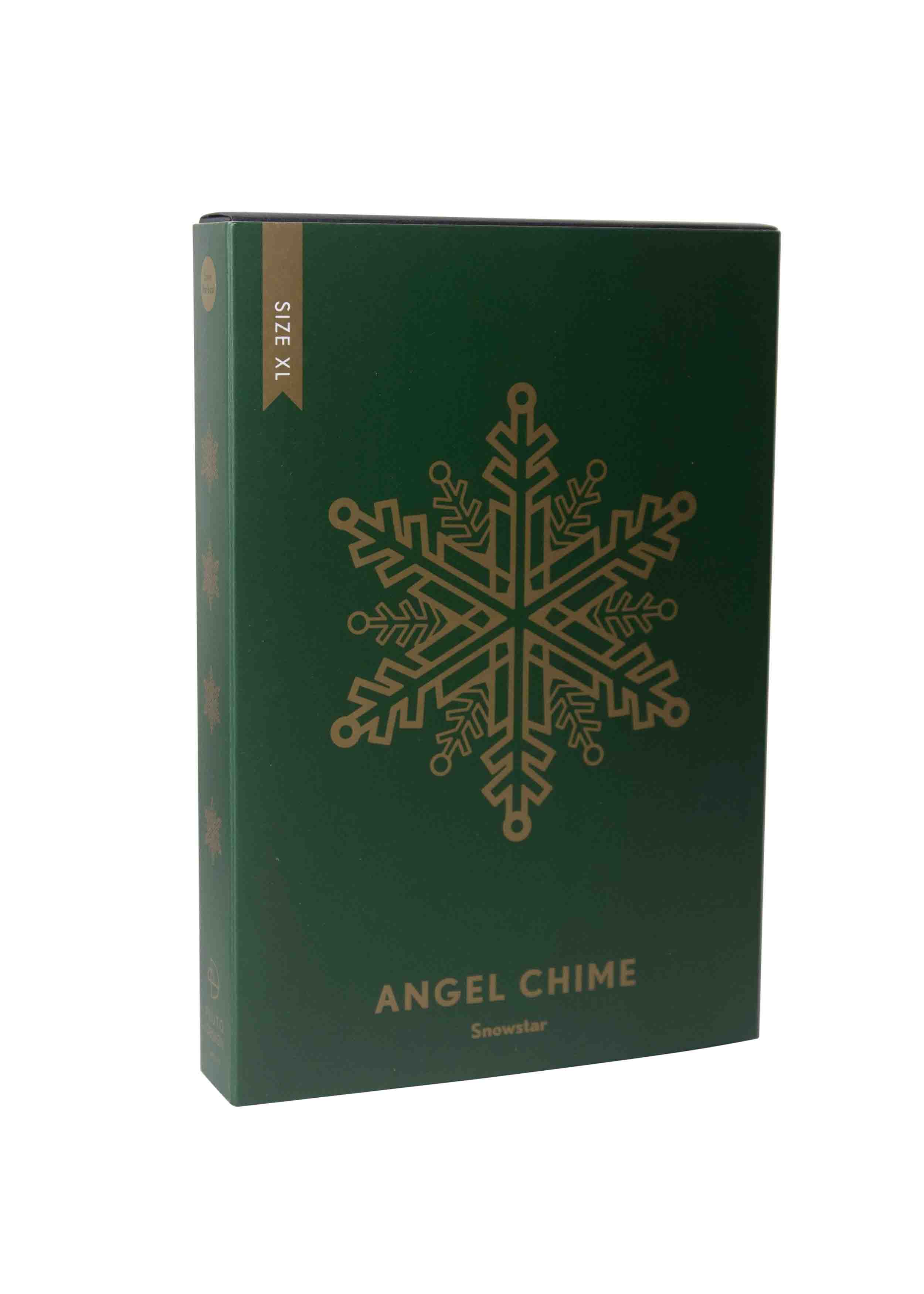 A dark green box of Angel Chime confectionery, featuring a large gold snowflake design on the front and a gold ribbon label on the spine.