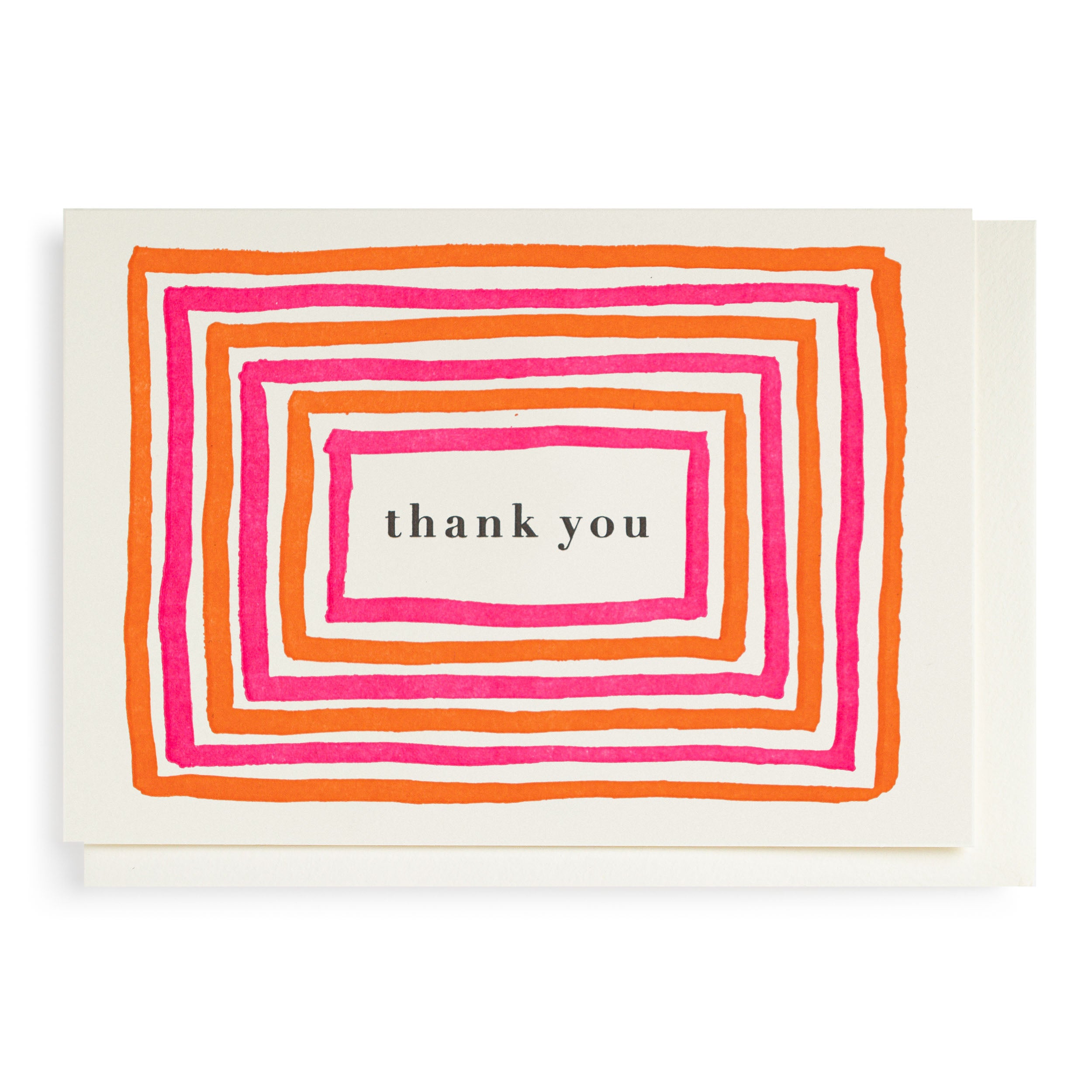 Thank you card featuring a concentric square design in pink and orange.