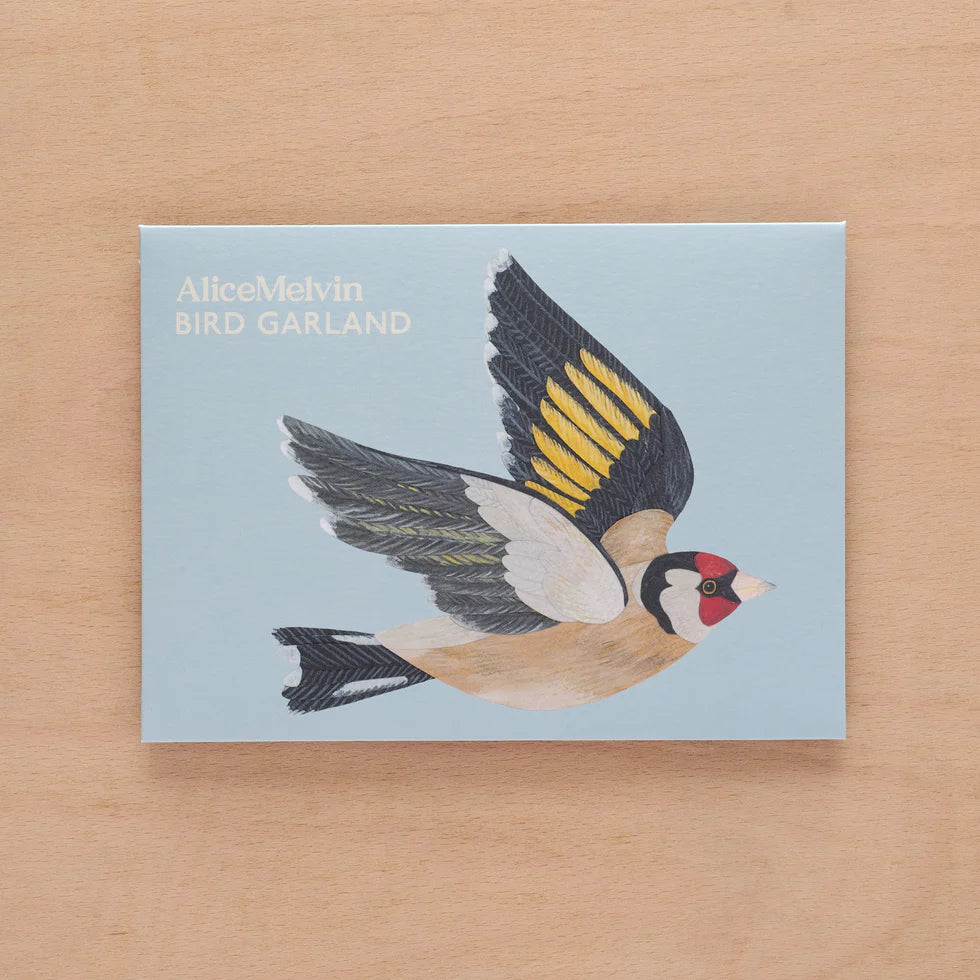 Card with a bird illustration and 'AliceMelvin BIRD GARLAND' text on a light blue background